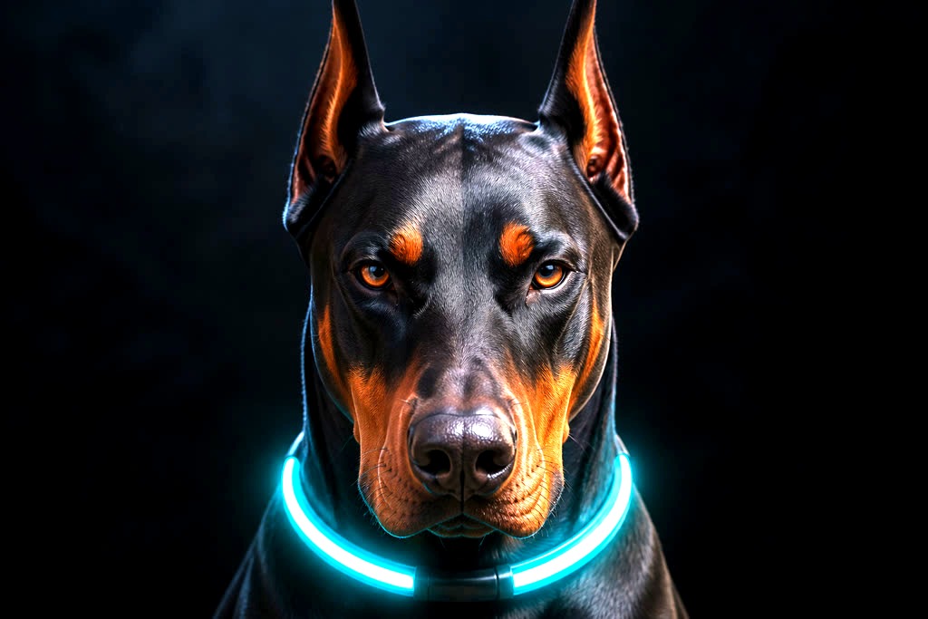 Close-up of a black and tan Doberman with a glowing blue collar, staring straight at the camera on a dark background.