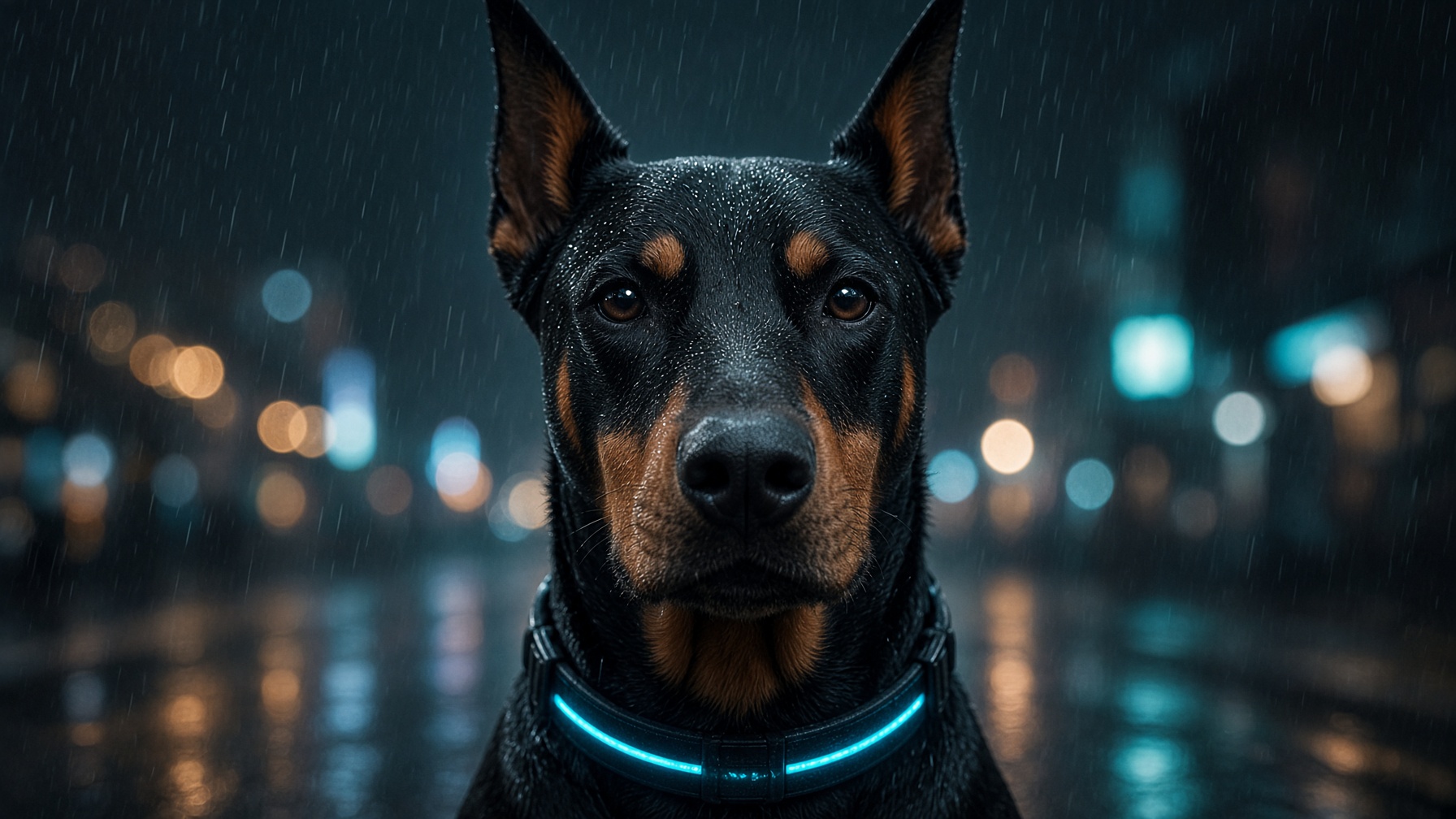 Close-up of a rain-soaked black and tan Doberman with a glowing blue collar staring straight ahead on a dark rainy city street at night.