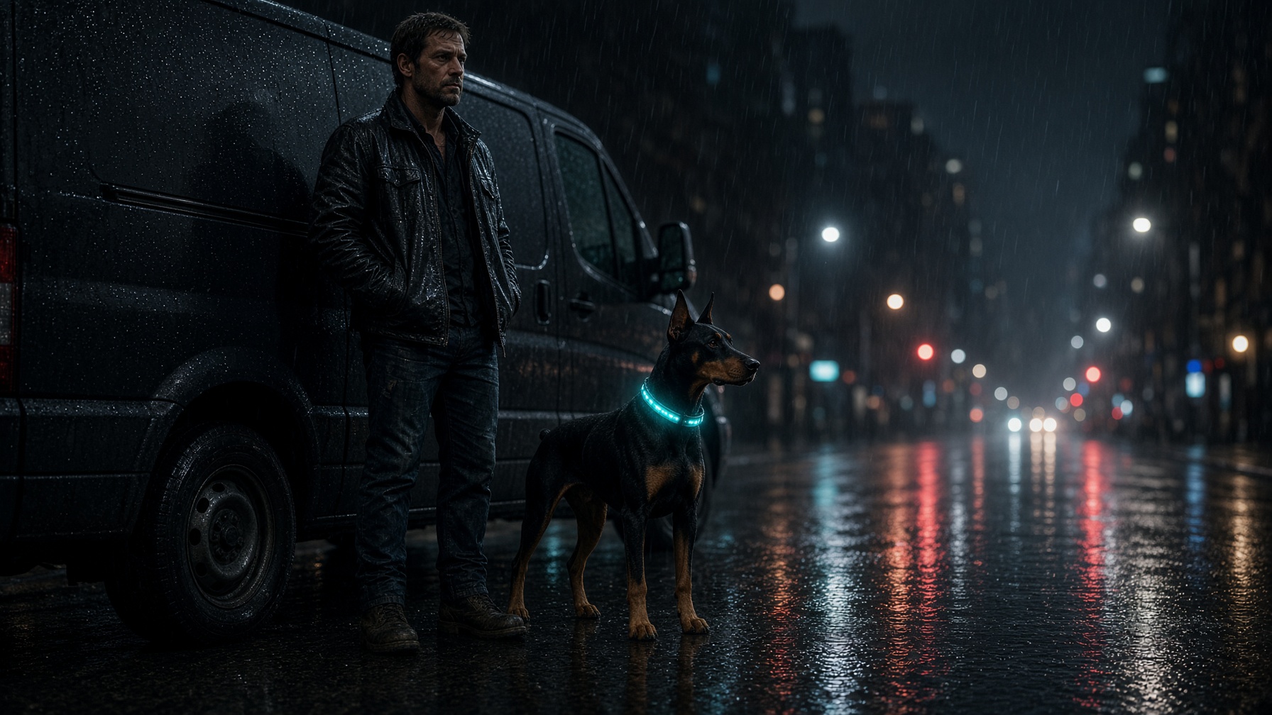 A contractor and his Doberman with a glowing collar beside a dark work van on a rainy city street at night.