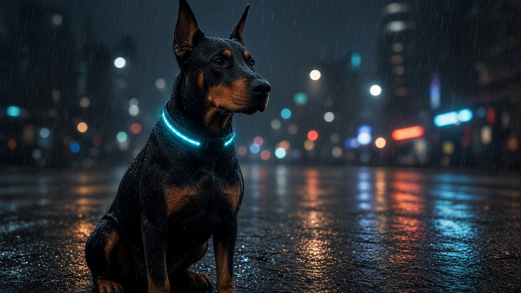 A black and tan Doberman with a glowing blue collar sitting alert on a rainy city street at night.