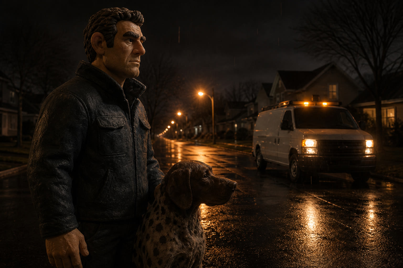 Clay-style business owner and spotted hunting dog standing watch beside a white work van on a wet residential street at night.