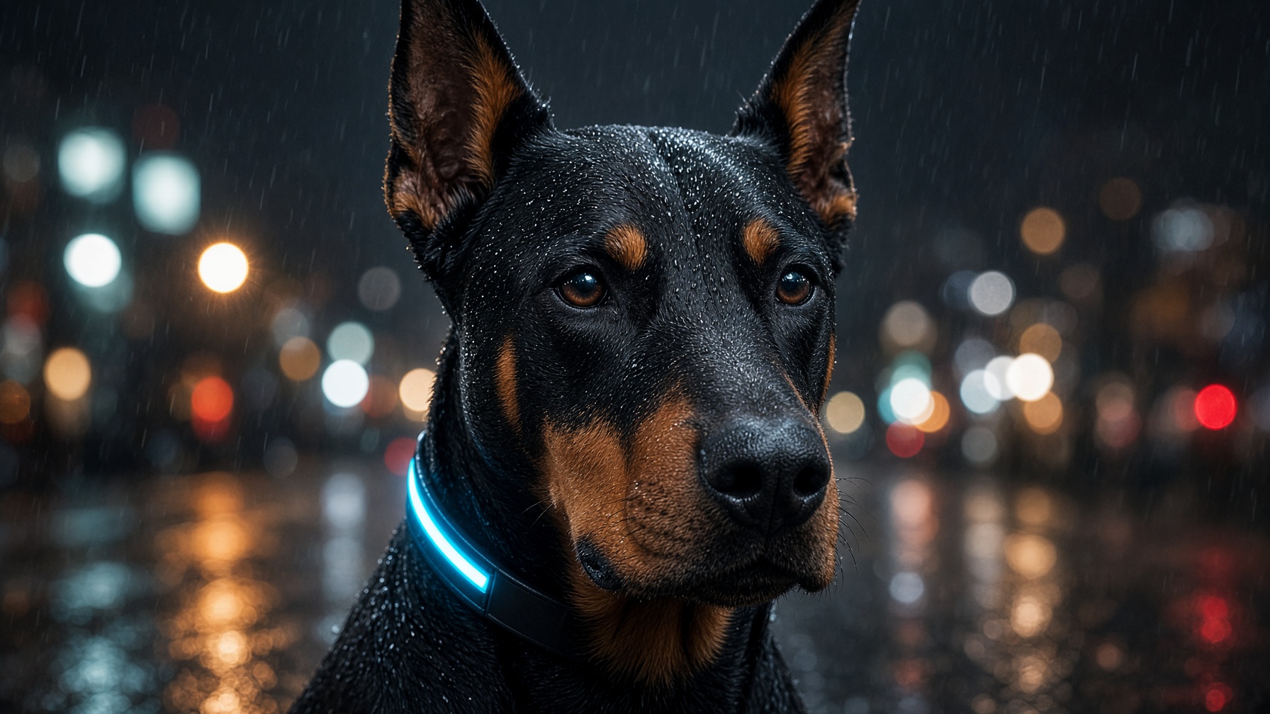 Close-up of a rain-soaked black and tan Doberman with a glowing blue collar on a dark city street at night.