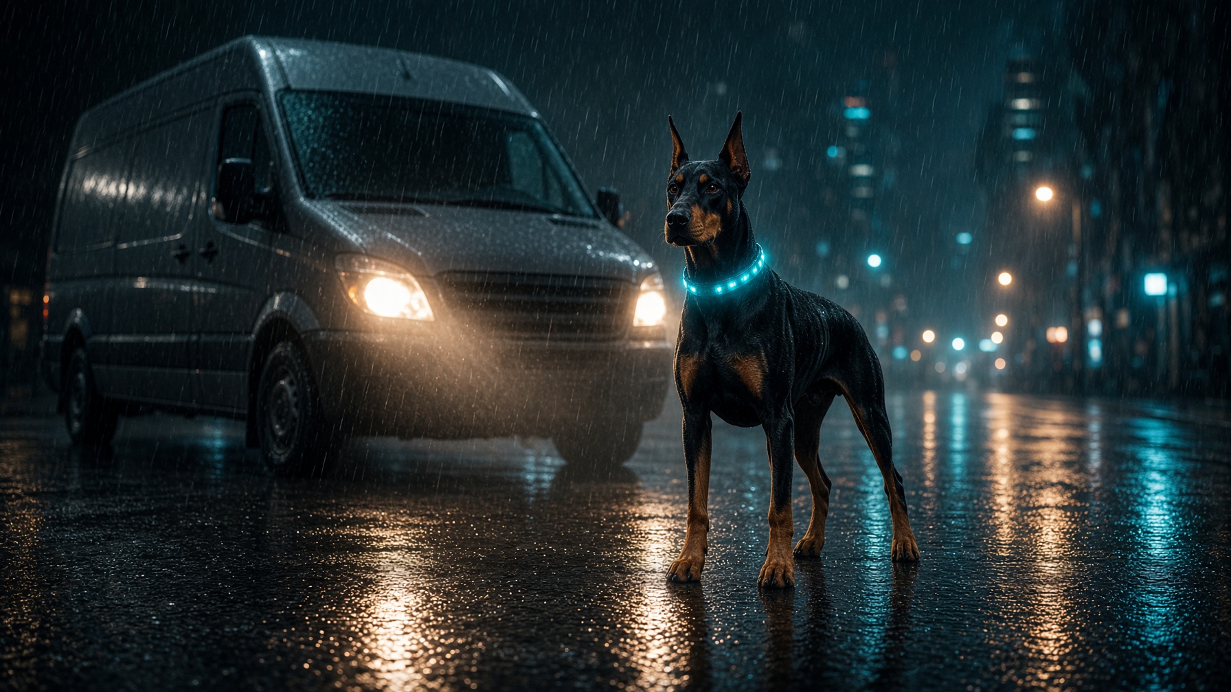 Black and tan Doberman with a glowing cyan collar standing watch in the rain in front of a silver work van with headlights on a wet city street at night.