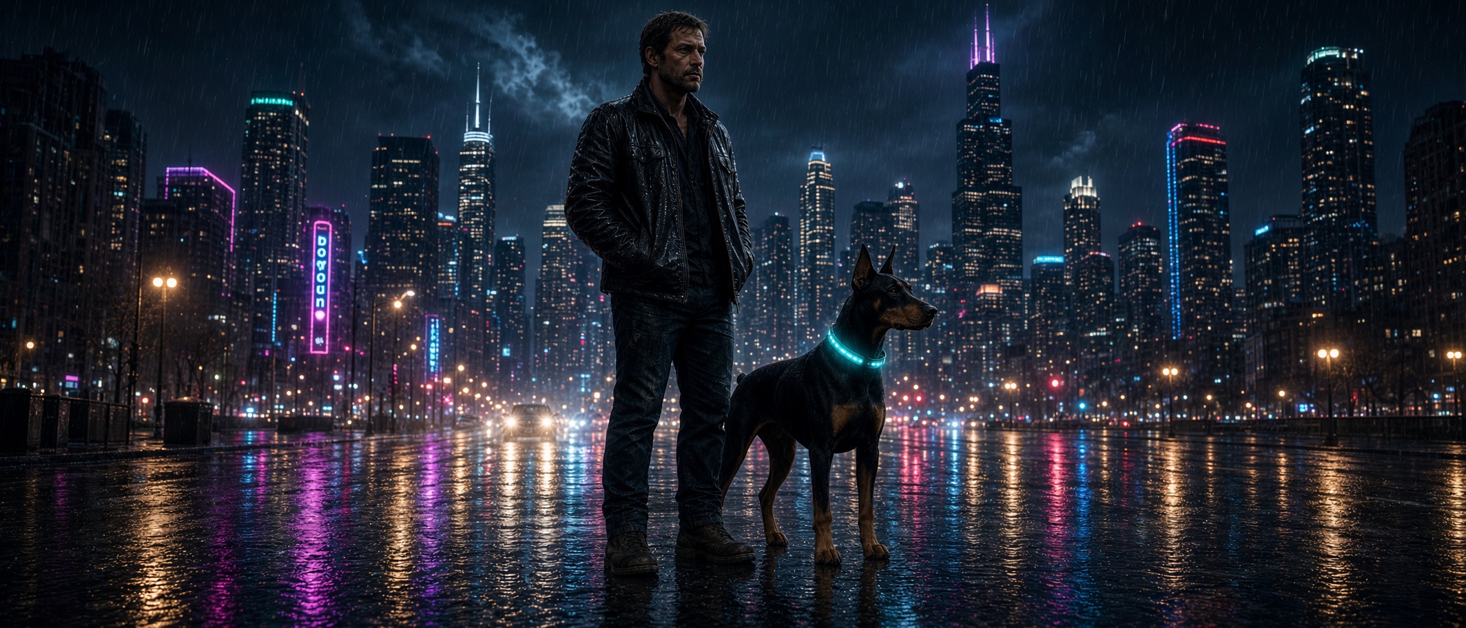 Contractor and black-and-tan Doberman with a glowing cyan collar standing on a wet Chicago street at night under the lit skyline and pink neon rain reflections.