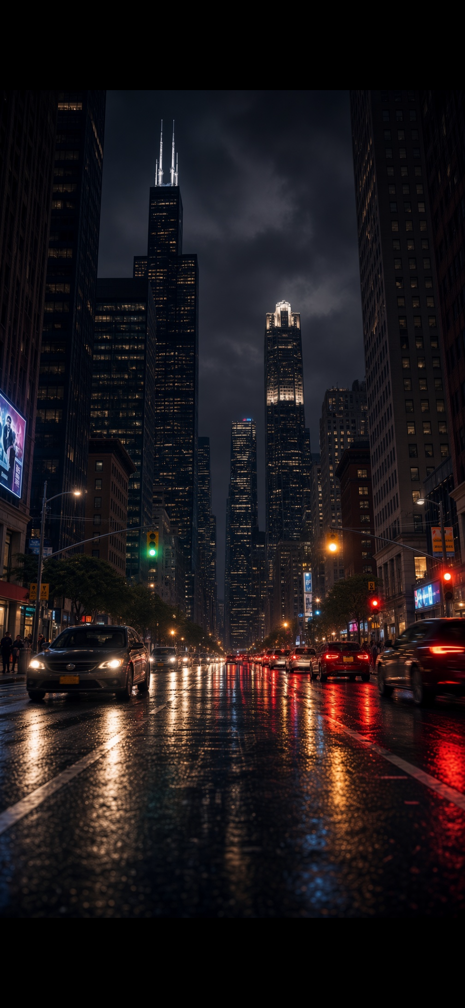 Wet Chicago city street at night with reflective asphalt, headlights, and skyscrapers under a cloudy sky — the city keeps moving while the owner is mid-job.