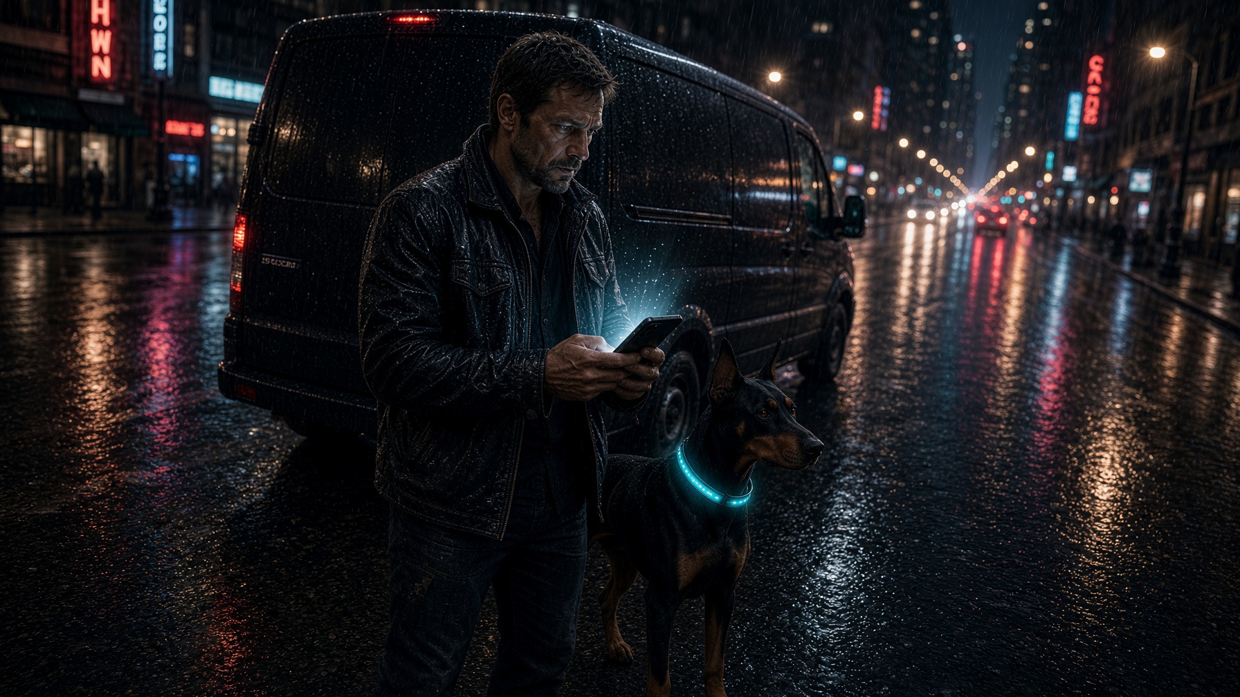 Contractor on a rainy Chicago night checking a glowing phone beside a black work van, with a black-and-tan Doberman wearing a cyan collar standing watch.