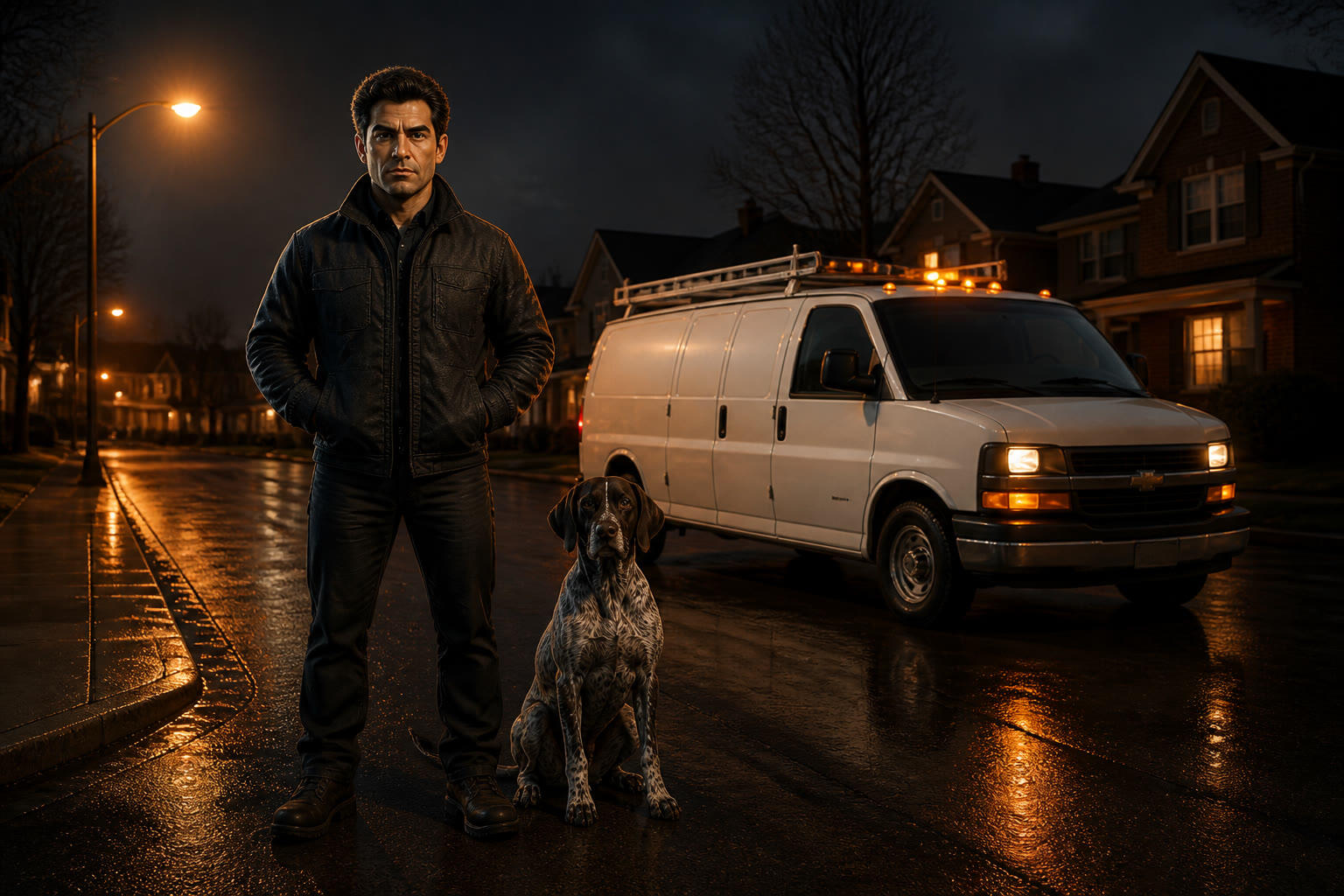 A contractor and his hunting dog standing on a wet residential street at night, white work van with lights on behind them.