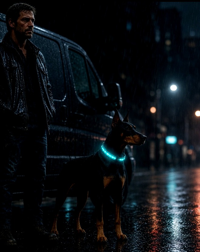 Business owner and black-and-tan Doberman with a glowing blue collar standing watch beside a work van on a rainy city street at night.